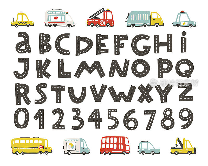 Track road alphabet, numbers。婴儿城市汽车。滑稽有趣的交通工具。矢量卡通插图手绘斯堪的纳维亚风格的孩子，托儿所，海报，卡片，生日聚会，婴儿t恤